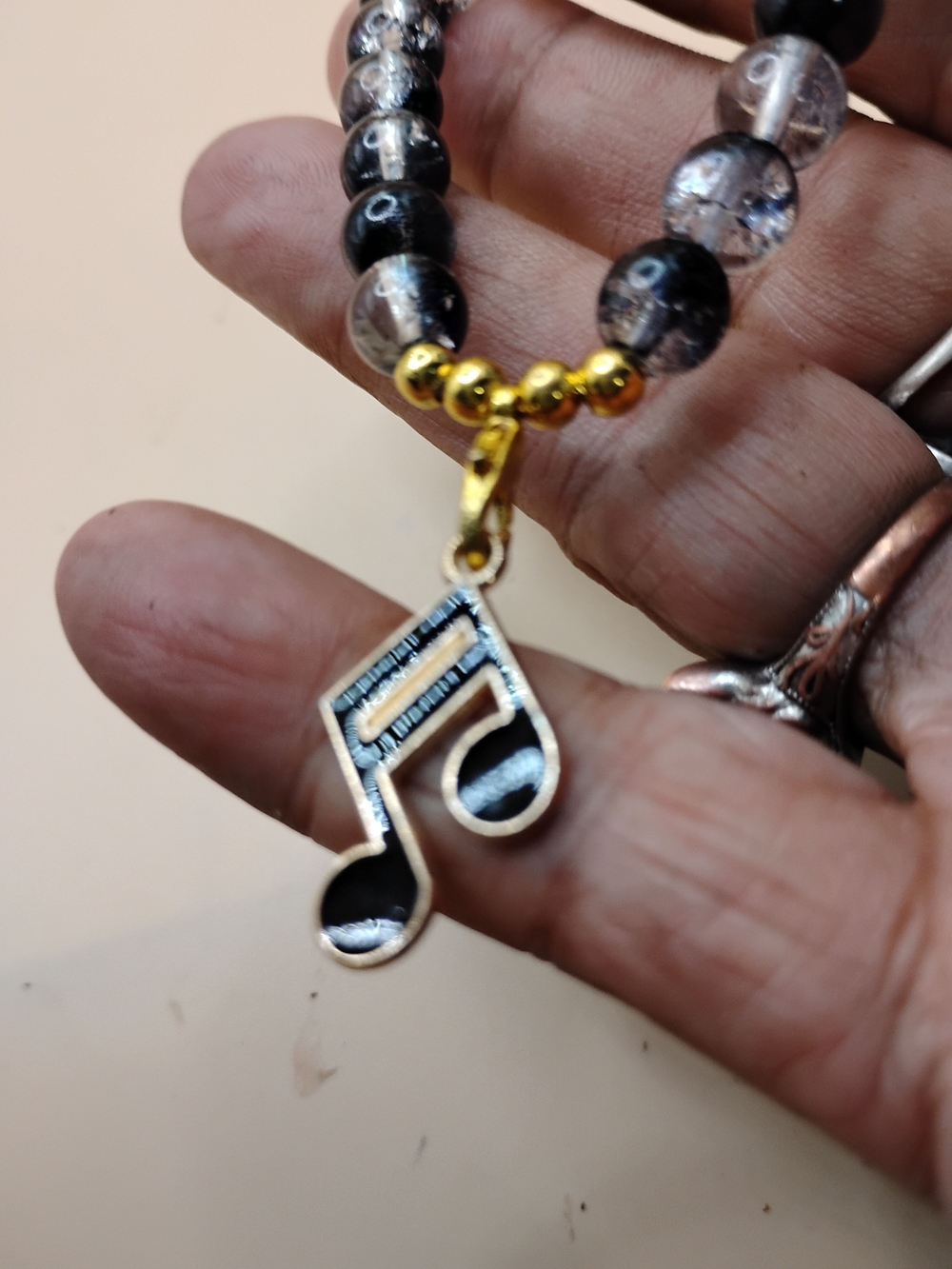 Music Note Charm Bracelet - Black Beaded Bracelet with Gold Accents